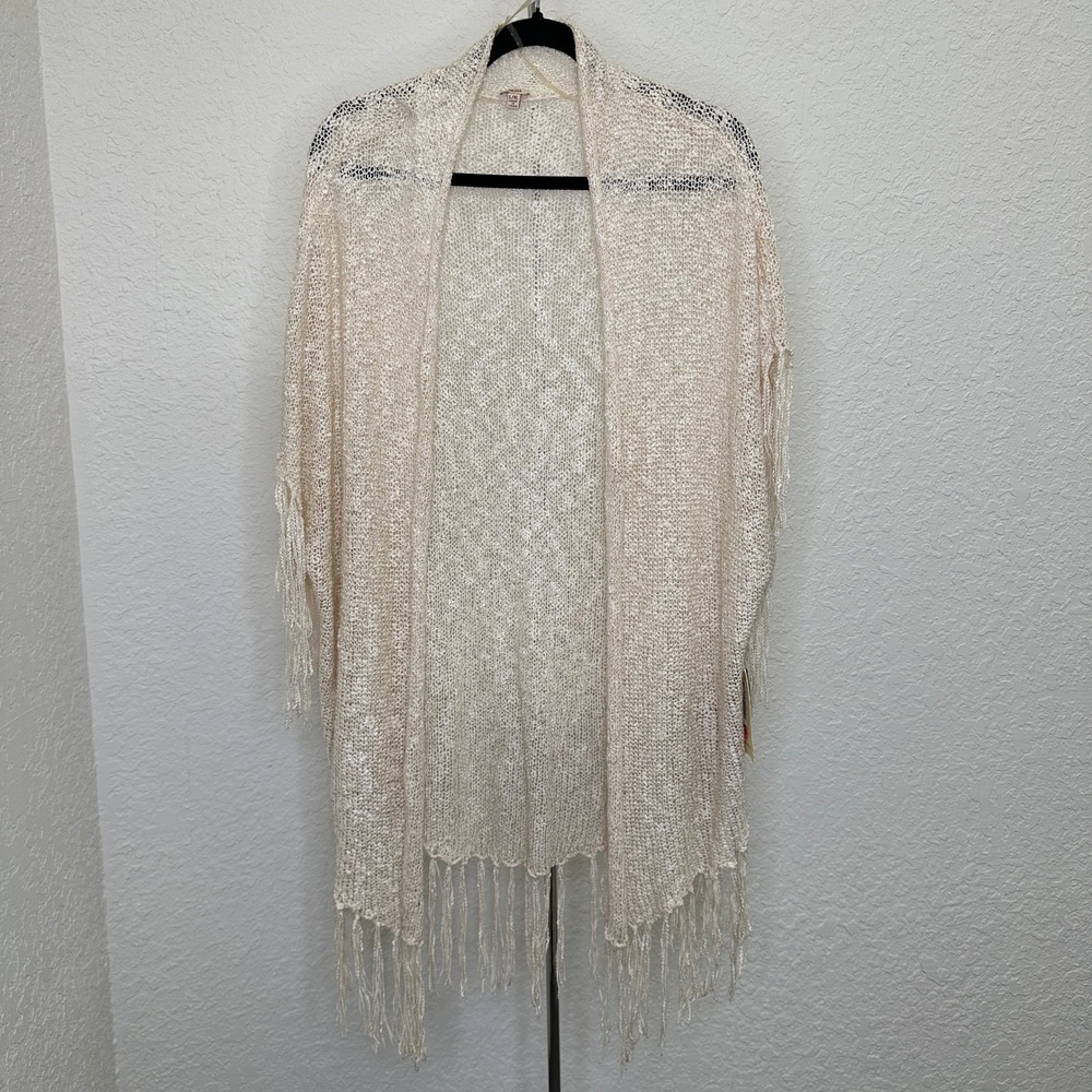 NWT Reba Women Cream Ivory Open Knit Fringe Cardigan Wrap L/XL